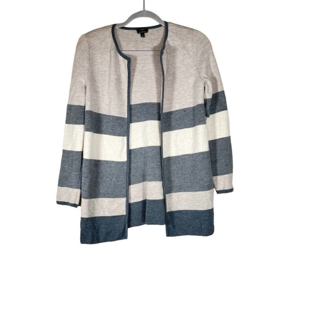 Talbots Cardigan Sweater Small Petite Gray Stripe Open Flawed